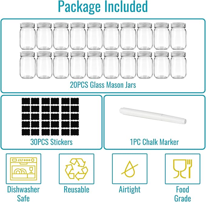 12 oz Mason Jars with Lids 20 Pack - Regular Mouth Canning Jars, Clear Glass Jar for Spices, Dry Goods, Meal Prep, Crafts & Pantry Storage- Includes 30 Stickers & 1 Chalk Pen