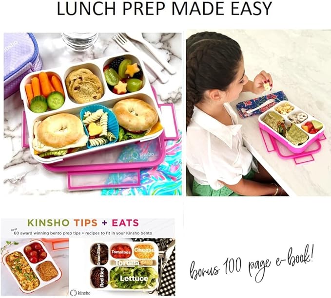 kinsho Bento Lunch Box Kids & Adults. Meal and Snack Containers for Boys, Girls for School Work Travel, 4 Sealed Divided Compartments, BPA Free, Utensils (Rose Pink, 1 Pack)
