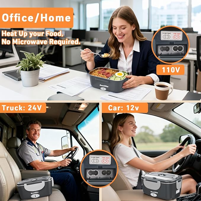 Electric Lunch Box for Adults, 80W Heated Lunch Box, 1.5L Stainless Steel Container | 12V/24V (Car/Truck) & 110V (Office/Home) | with Fork&Spoon and Insulated Carry Bag