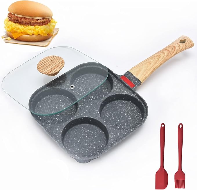 4-Cup Aluminum Nonstick Egg Pan with Lid, Suitable for Gas Stove & Induction Cookware