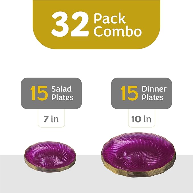 PLASTICPRO 120 Pack Plastic Plates Set of 60-10 inch Plates and 60-7 inch Plates, Elegant Clear Purple Spiral and Gold Rim Disposable Fancy Plates Premium Heavyweight