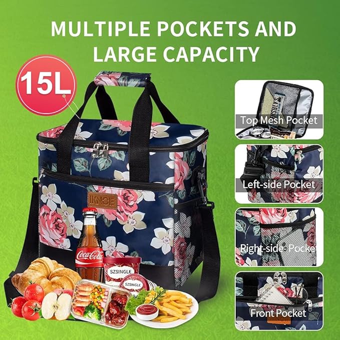 Iknoe Large Cooler Bag Collapsible 24 Can Insulated Bags Leakproof Lunch Cooler Tote with Multi-Pockets for Adult Insulated Thermal Bag for Beach, Picnic, Office Work(Flower)