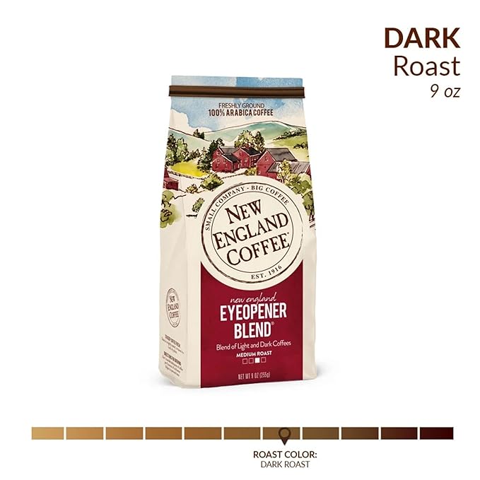 New England Coffee Eyeopener Blend Dark Roast Ground Coffee, 9oz Bag (Pack of 6)