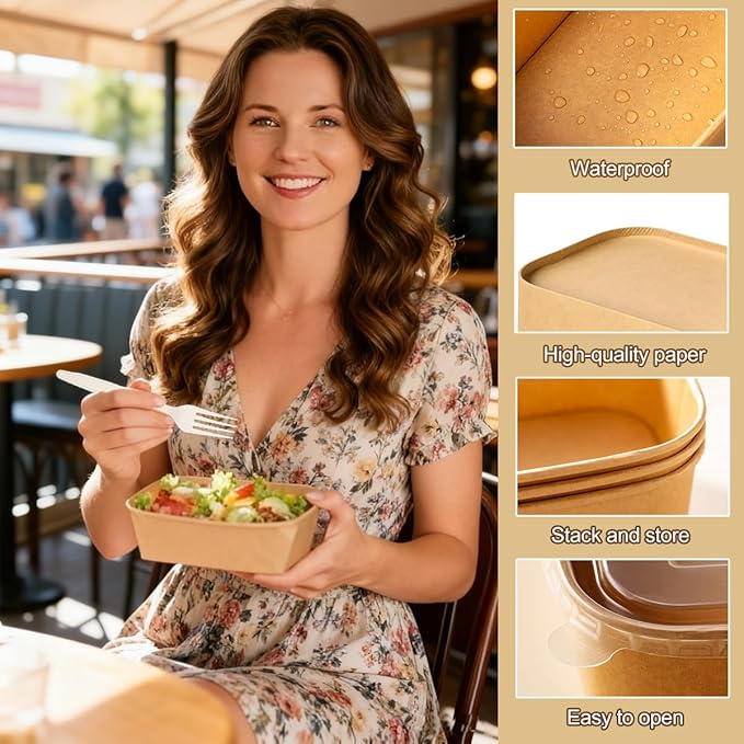 50-Pack 29oz Disposable Kraft Paper Bowls 【with Lids and Forks】Rectangle Cardboard Meal PrepContainers,Paper Leakproof Food Containers,Soup Serving Bowl for Hot/Cold Food-Microwave Safe (29oz 50Count)