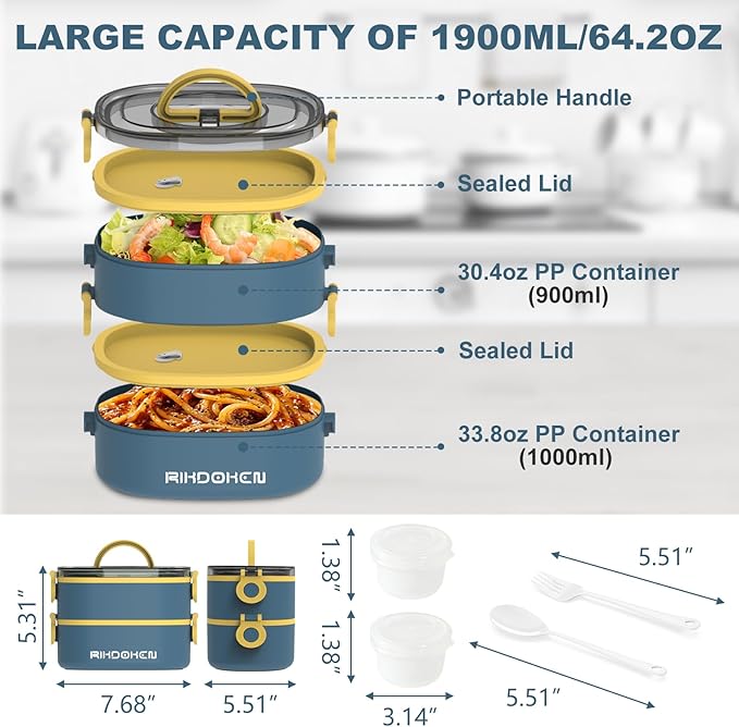 Lunch Box, Stackable 2 Layers Containers, Portable 64OZ Large Capacity Leakproof Bento Box with Spoon & Fork & Sauce Boxes, Microwave Safe Lunch Box for Kids and Adults