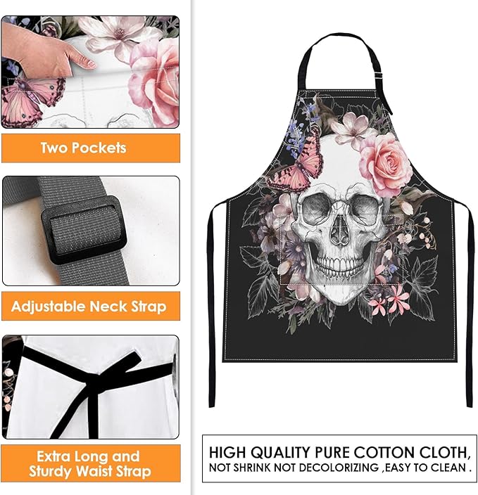 Britimes Apron Home Kitchen Cooking Baking Gardening for Women Men with Pockets Skull Flowers Vintage Rose Floral 32x28 inch
