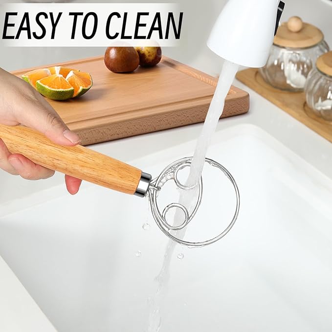 Danish Dough Whisk and Dough Hook - Stainless Steel Dutch Style Wooden Handle for Sourdough, Bread, Pastry Dough Mixing Tools