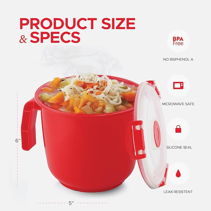 Tafura Microwave Bowl with Lid – 34oz Microwave Safe Soup Bowls with Lids, Ramen Noodle Bowl with Handle, Leakproof Plastic Bowls Microwave Safe, BPA-Free Soup Mugs for Travel – 2 Count