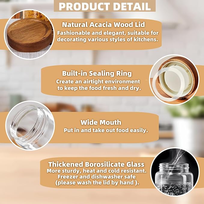 28 Fl oz/850 ml Glass Food Storage Jar, Premium Clear Glass Container Jar with Airtight Wooden Screw Lid, Kitchen Canisters for Coffee,Tea,Pasta,Cookies, Nuts,Spice,Candy,Overnight Oatmeal（Medium）