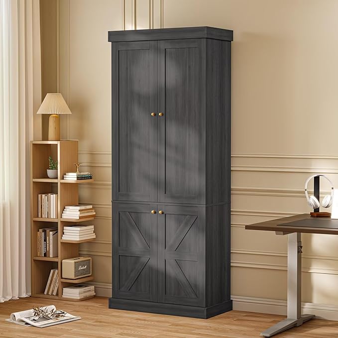 70.8" Tall Bookshelf with Doors, Farmhouse Modular Bookcase with 4-Tier Adjustable Shelves, Large Storage Cabinet for Home Office, Living Room, Black, Set of 2