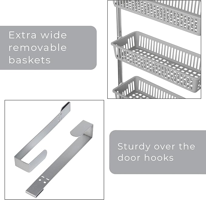 Smart Design Over-the-Door Organizer for Storage – Perfect for Pantry Organization, Bedroom, Bathroom Storage, Playroom, or Kitchen - Adjustable Steel Frame with 6 Baskets & Wall Mount – Grey …