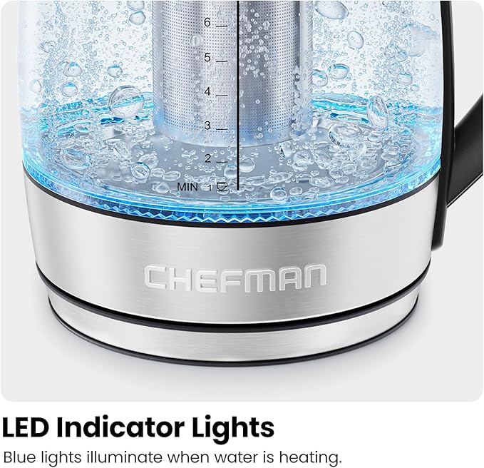 Chefman Electric Kettle for Boiling Water, 1.8L 1500W, Removable Tea Infuser, Auto Shut Off, Boil-Dry Protection, BPA Free, Borosilicate Glass, Hot Water Boiler, Electric Tea Kettle - Stainless Steel