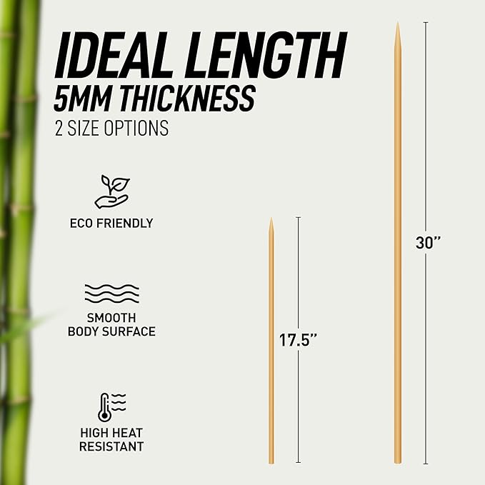 Zulay Kitchen 120 Pack Bamboo Wooden Skewers - 17.5" Marshmallow Roasting Sticks & Barbeque Skewers For Campfire - Authentic Bamboo Sticks & Smores Sticks For Grilling Hotdogs, Kabobs, BBQ, & More