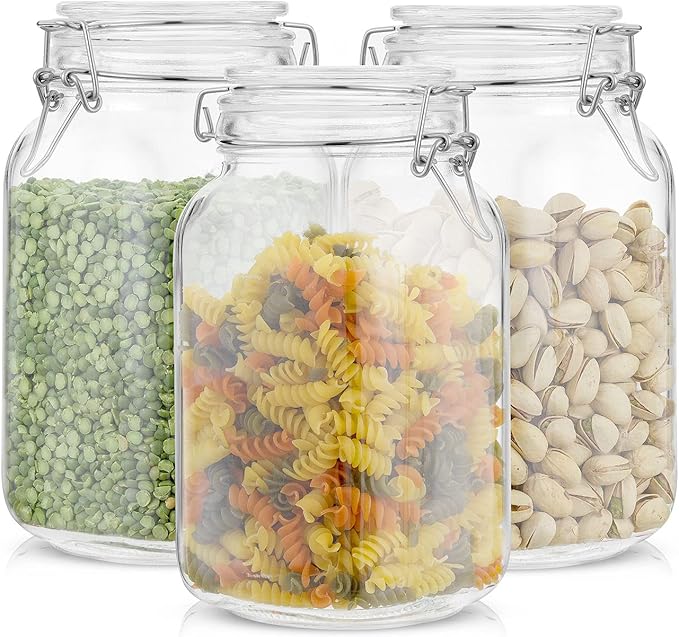 Airtight Glass Jars with Lids Set of 3. 50oz Glass Jar with Lid and 6 Silicone Seals! Med Glass Food Storage Containers. Square Mason Jar, Flour Jar, Candy or Cookie Jars for Kitchen Counter