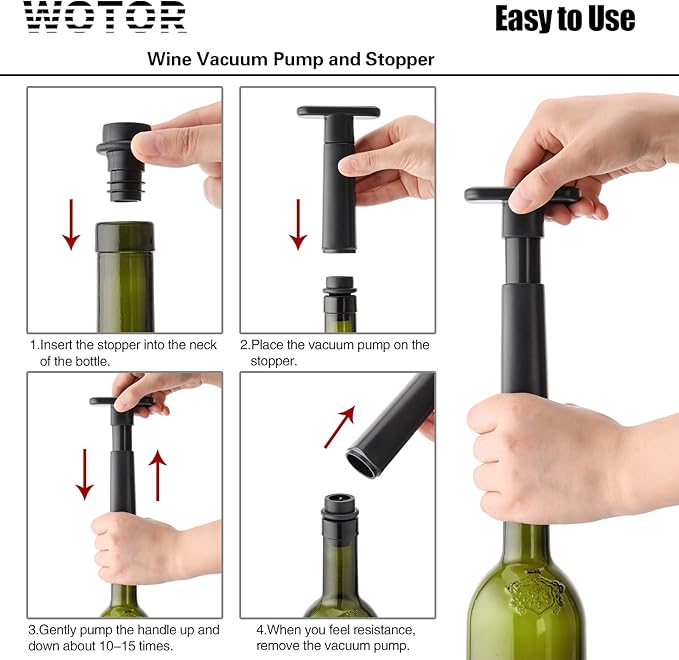 WOTOR Wine Saver Vacuum Pump with 4 Stoppers, Wine Stopper & Preserver, Reusable Bottle Sealer Keeps Fresh, Ideal Accessories Gift (Flat Handle)