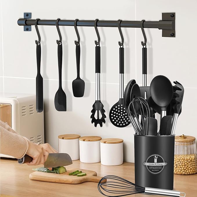 KSENDALO Silicone Cooking Utensils Set of 26, Heat Resistant Kitchen Utensils Set of Spatulas, Spoons, Whisk, Tong, Non Toxic Black Kitchen Tool Set with Holder for Nonstick Cookware, Dishwasher Safe