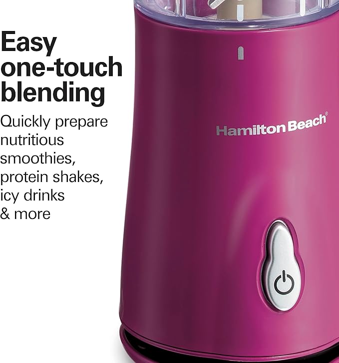 Hamilton Beach Portable Blender for Shakes and Smoothies, 14 Oz BPA Free Travel Cup & Lid, Durable Stainless Steel Blades, Personal Smoothie Blender, Raspberry, 51131G