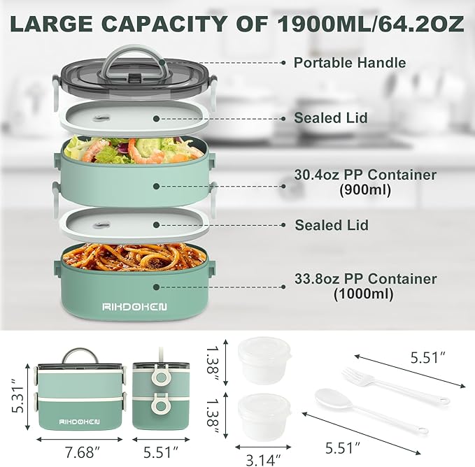 Lunch Box, Stackable 2 Layers Containers, Portable 64OZ Large Capacity Leakproof Bento Box with Spoon & Fork & Sauce Boxes, Microwave Safe Lunch Box for Kids and Adults