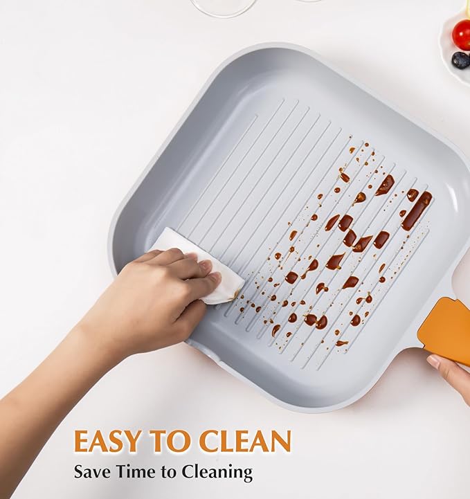 KOCH SYSTEME CS 9.5 Inch Nonstick Grill Pan for Stove Tops, Square Griddle Pan with Pour Spouts, Grill Pan for Indoor Cooking, Grill Skillet with Bakelite Handle, PTFE & PFOA Free, Orange