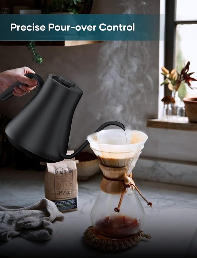 Gooseneck Electric Kettle with ±1℉ Temperature Control for Pour Over Coffee & Tea, Quick Heating, BPA-Free Stainless Steel, Built-in Brew Timer, 1500W/0.9L (Ebony Black)