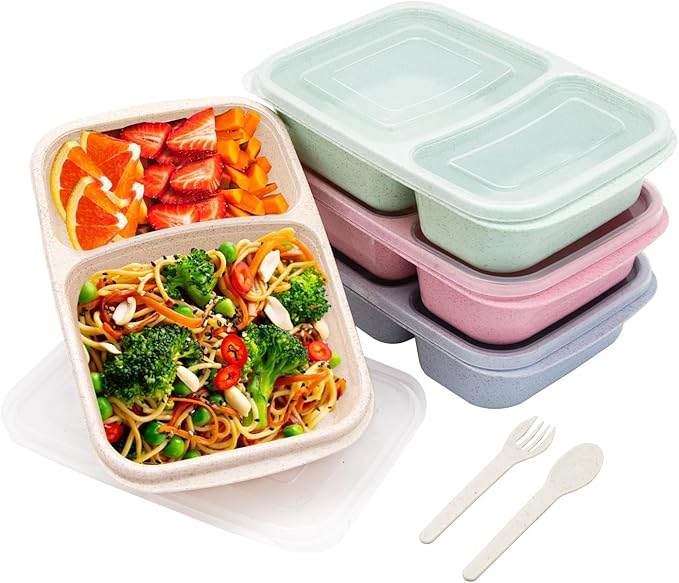 4 pack Bento Lunch Box, 2 Compartments Meal-Prep Containers with Lids, Microwave & Dishwasher Safe, Reusable Divided Food Food Storage Containers -Stackable for Travel, School and Work