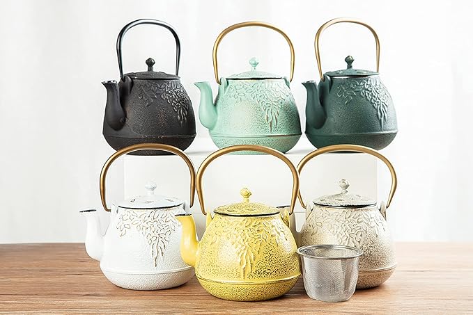 TOPTIER Japanese Cast Iron Tea Kettle with Infuser, Leaf Design Teapot Stovetop Safe Coated with Enameled Interior for 32 Ounce (950 ml), Dark Green