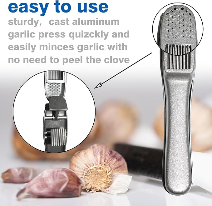 QPQ 2-in-1 Professional Garlic Press and Peeler Set, Aluminum Kitchen Tool with Built-in Cleaner, Manual Crusher and Mincer for Unpeeled Garlic Cloves,Fast And Portable Garlic Peeler