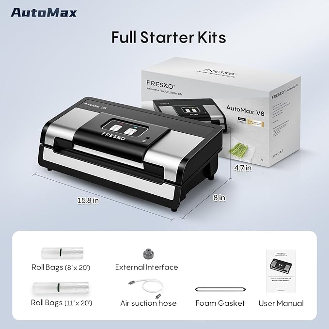 FRESKO Automatic Vacuum Sealer, Powerful Food Vacuum Sealer Machine, Auto Dry-Wet Detection, Bag Cutter, 2 Rolls Bags, Effortless Operation, Starter Kit