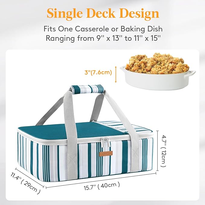 LUNCIA Insulated Casserole Carrier for Hot or Cold Food, Lasagna Lugger Tote for Potluck Parties/Picnic/Cookouts, Fits 9"x13" Baking Dish, Green