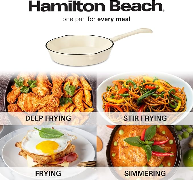 Hamilton Beach Enameled Cast Iron Fry Pan 8-Inch Cream, Cream Enamel Coating, Skillet Pan for Stove Top and Oven