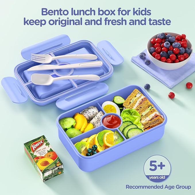 Jelife Bento Lunch Box for Kids - Large Bento-Style Leakproof Bento Boxes with 4 Compartments Lunchbox with Silverware for Kids Back to School, Reusable On-the-Go Meal and Snack Containers,Macaron
