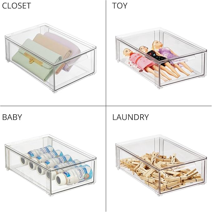 mDesign Plastic Stackable Bathroom Storage Organizer Bin with Pull Out Drawer for Cabinet, Vanity, Shelf, Cupboard, Cabinet, or Closet Organization - Lumiere Collection - 8 Pack - (Clear, 8 x 12 x 4)