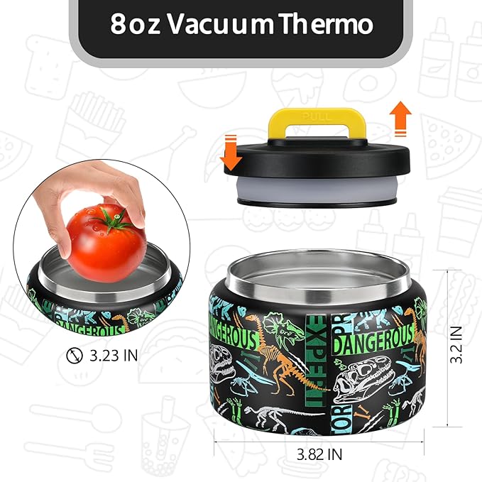 MAISON HUIS 8oz Soup Thermo Wide Mouth Vacuum Insulated Thermo Food Jar, Leak Proof Stainless Steel Thermo for Hot&Cold Food Kids Food Lunch Soup Container for School Travel（Black-Dinosaur）