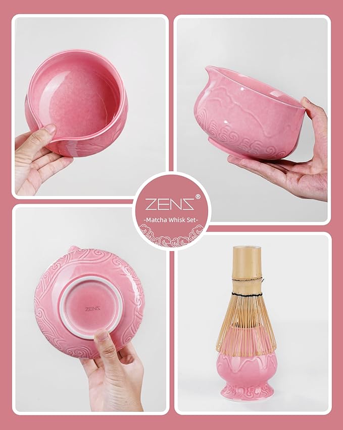 ZENS Pink Matcha Set, 7pcs Matcha Whisk Set Includes 15oz Ceramic Bowl and Cup for Bamboo Whisk, (Chasen Holder), Scoop, 304 Sifter and Tea Mat, Pink Matcha Kit for Matcha Lovers