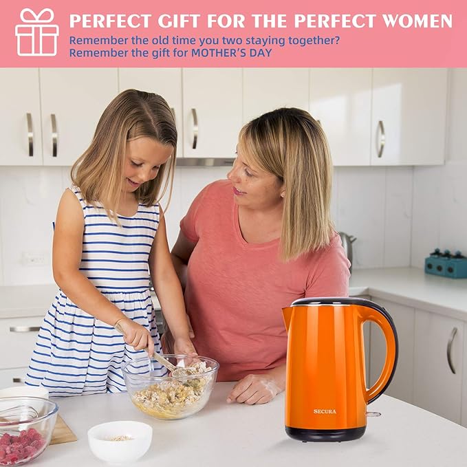 Secura Original Stainless Steel Double Wall Electric Water Kettle 1.8 Quart with Auto Shut-Off & Boil-Dry Protection, Orange SWK-1701DO/HB-3227B