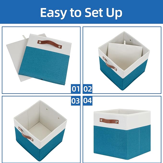 Temary Storage Cube Bins 11 Cube Storage Bins Storage Baskets for Closet, Shelves 4 Pack Fabric Organizer Bins with Leather Handles(White&Teal)