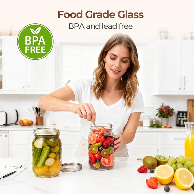 ComSaf Wide Mouth Mason Jars 32 oz with Lids 4 Pcs, Quart Mason Jars with Seal Band, Large Glass Jar, Big Canning Containers for Pickles, Jams, Sauces, Salsa, Sourdough, Juice, Suntea, Food Storage