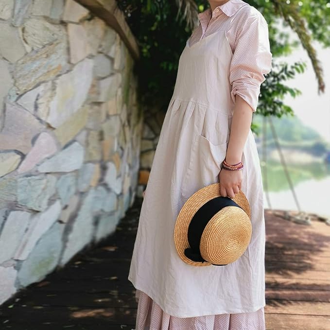 Uaussi Cotton Linen Apron Cross Back Work Apron for Women with Pockets Pinafore Dress X Cross Halter Apron for Chef Gardening