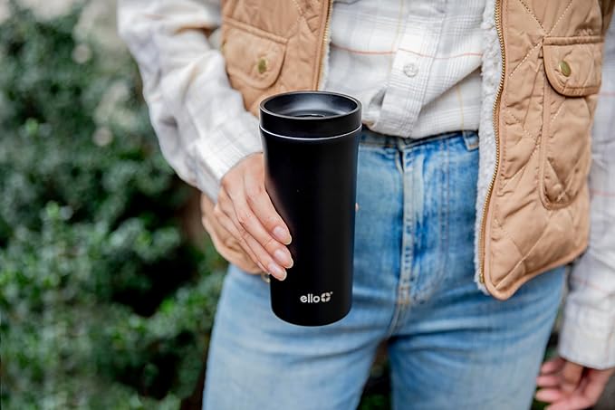 Ello Arabica 14oz Stainless Steel Travel Mug with Leak-Proof Slider Lid, Keeps Hot for 5 Hours, Perfect for Coffee or Tea, BPA-Free Tumbler | Gift for Coffee Lovers, Black
