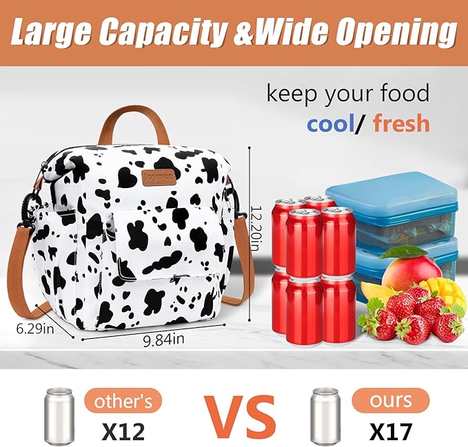 Joymee Lunch Bag Women Insulated Lunch Box Reusable Leakproof Large Spacious Cooler Tote for Women Men Adult with Bottle Holder and Side Pockets for Work Office Travel Picnic -08 Cow