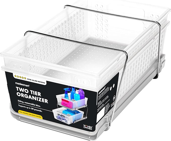 madesmart 2-Tier Organizer, Multi-Purpose Slide-Out Storage with Handles and Dividers for Home and Bath, Easy Assembly, BPA Free, Frost
