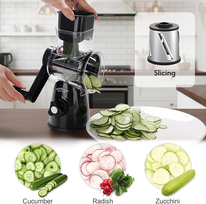 JIUMEXES Rotary Cheese Grater Hand Crank with 3-in-1 Blades – Fast, Safe & Effortless Grating, Perfect for Cheese, Vegetables & Chocolate, BPA-Free, Stable Suction Base