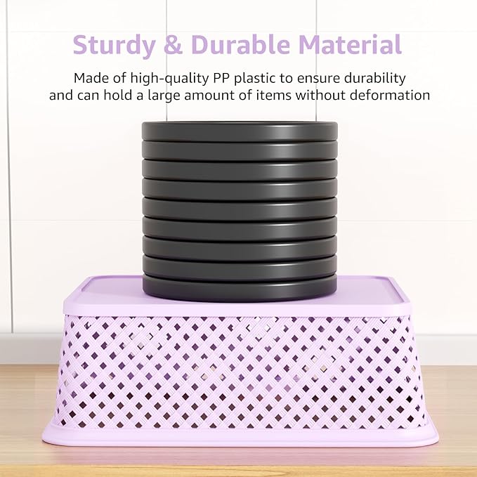 MaxGear Organization and Storage 3 Packs, Plastic Bins Organizer Bin, Woven Baskets for Storage, Plastic Baskets with Handles, Purple Basket for Organizing, Basket Organizer for Home and Office, Large