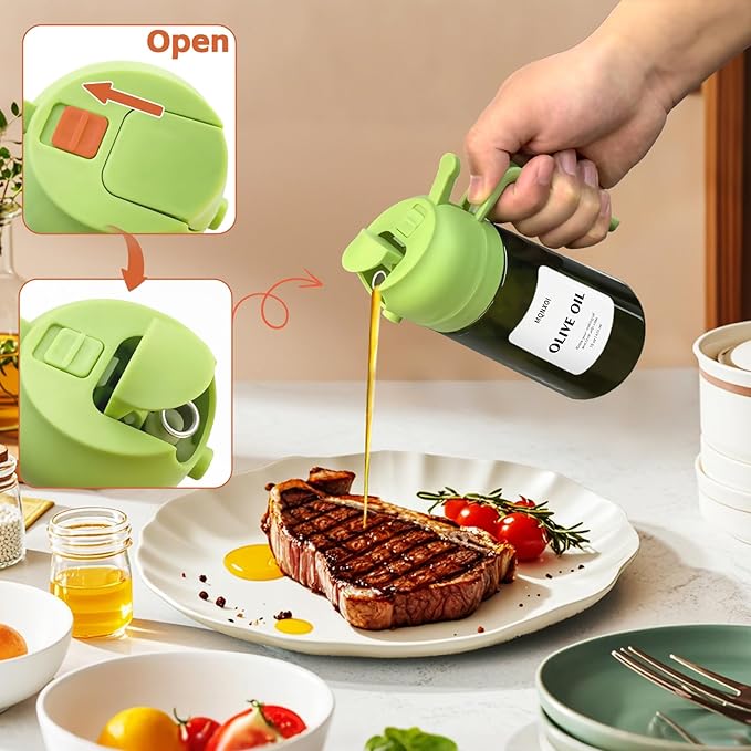 Oil Sprayer for Cooking, 2 in 1 Olive Oil Dispenser Bottle for Kitchen, 16oz/470ml Premium Glass, Food-grade Oil Mister for Air Fryer, Salad, Frying, BBQ (Green + Dark Green Bottle)