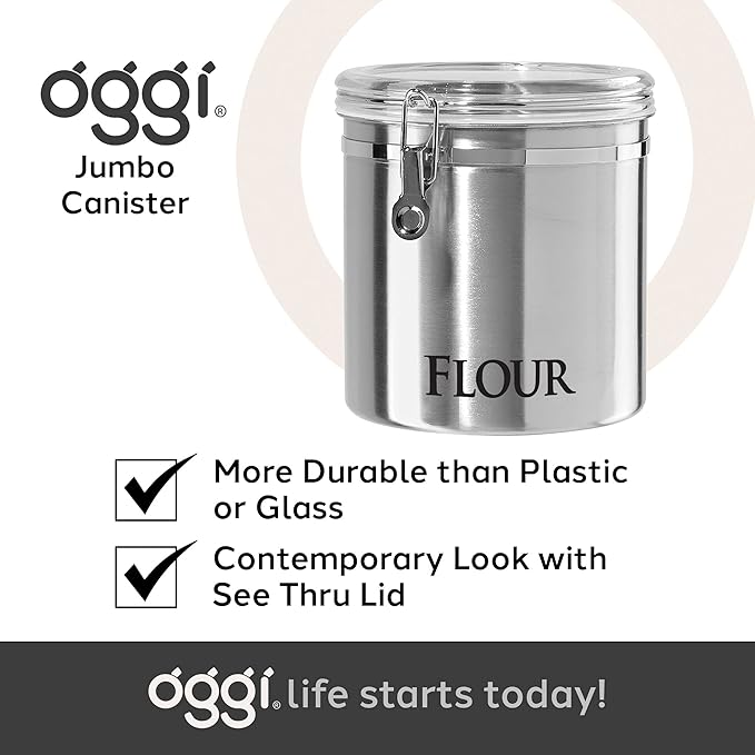 Oggi Jumbo 8" Stainless Steel Flour Clamp Canister - Airtight Food Storage Container Ideal for Kitchen & Pantry Storage of Flour or other Bulk, Dry Foods.