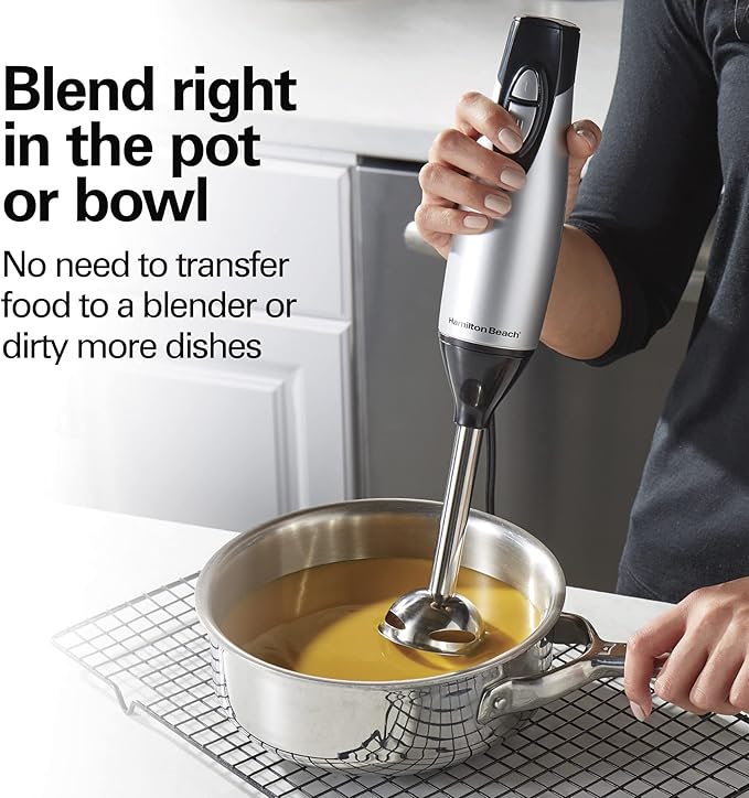 Hamilton Beach 4-in-1 Electric Immersion Hand Blender with Handheld Blending Stick, Whisk + 3-Cup Food & Vegetable Chopper Bowl, 2-Speeds, 225 Watts, Silver and Stainless Steel (59765)
