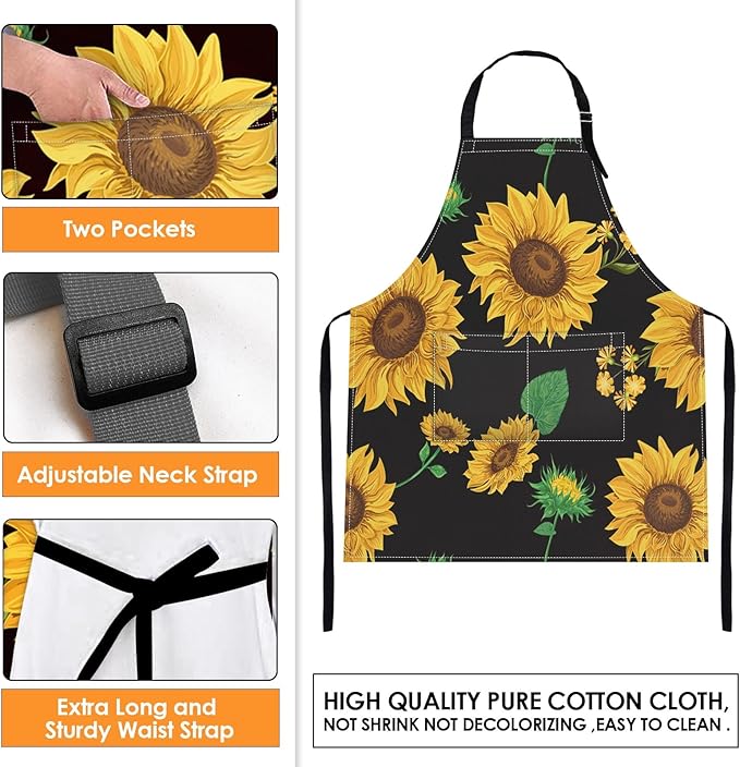 Britimes Apron Home Kitchen Cooking Baking Gardening for Women Men with Pockets Sunflowers Floral Flowers Leaf Vintage 32x28 inch