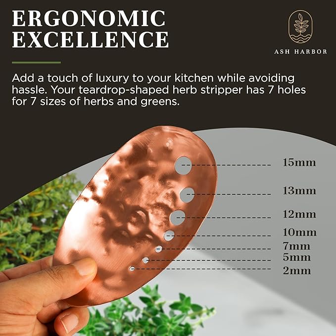 Handmade Copper Herb Stem Stripper Bowl – Herb Stripper Tool with 7 Hole Sizes – Shred & Catch Herbs & Greens - 5.5 x 3.5 In. Fun and Unique Kitchen Gadgets – Homesteading Essentials by Ash Harbor