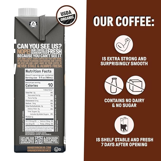 Wandering Bear Decaf Cold Brew Coffee - Bold, Smooth, No Sugar Added, Shelf-Stable, Ready to Drink, Gluten Free & Vegan Decaf Iced Cold Brewed Coffee Drink - 32 fl oz, 3 pack