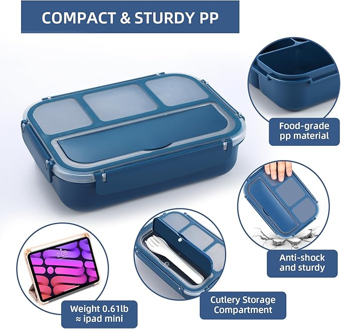 QQKO Bento Box Adult Lunch Box, Lunch Containers for Adults Men Women, Kids Lunch Boxes for School with 4 Compartments, Sauce Container, Utensils and Muffin Cups, Navy